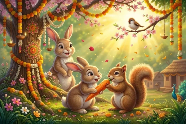 Happy little bunny sharing a crunchy carrot with a squirrel in this dasara story for kids