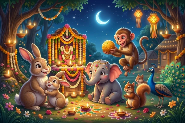 Woodland animal friends gathered around glowing festival lamps and floral altar under starry night
