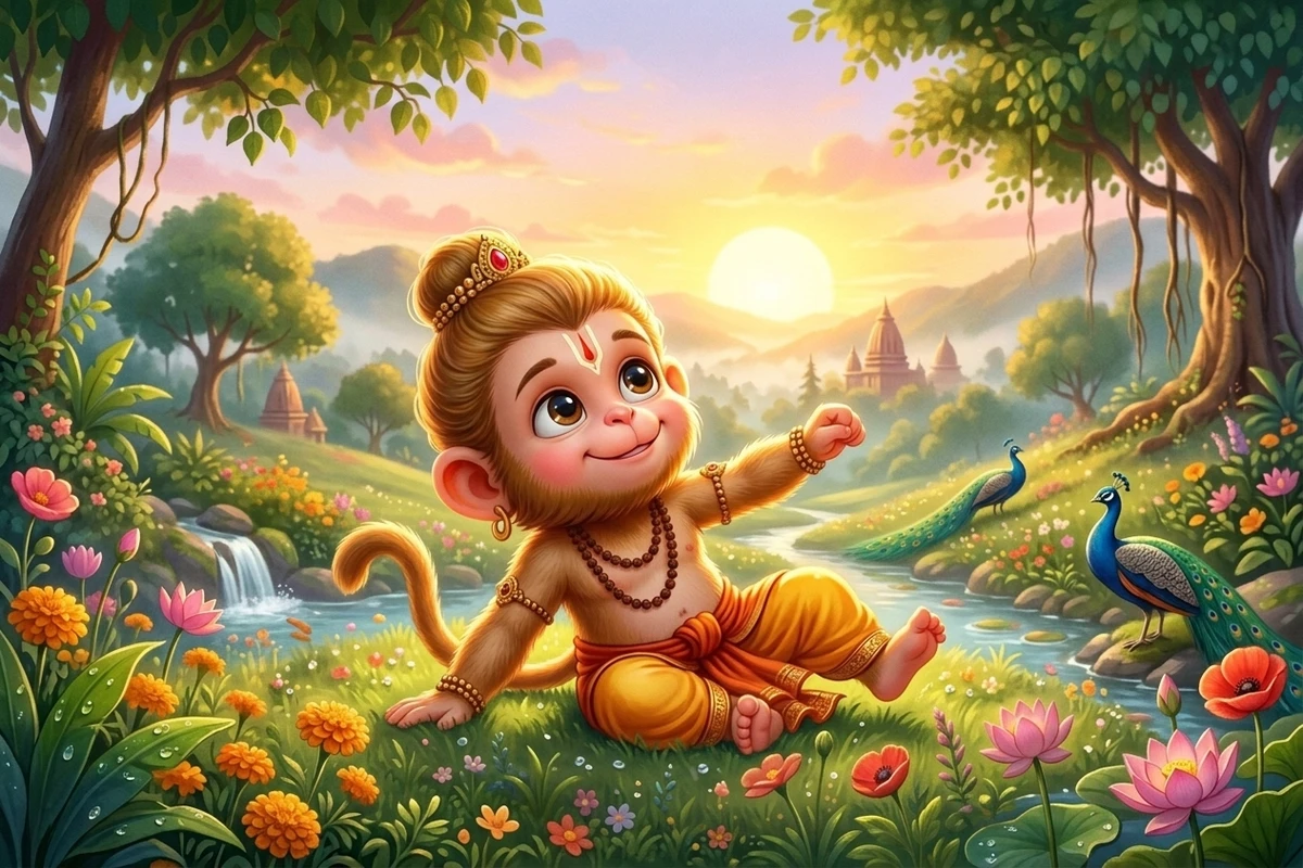Baby Hanuman waking up in a blooming meadow in devotional story for kids