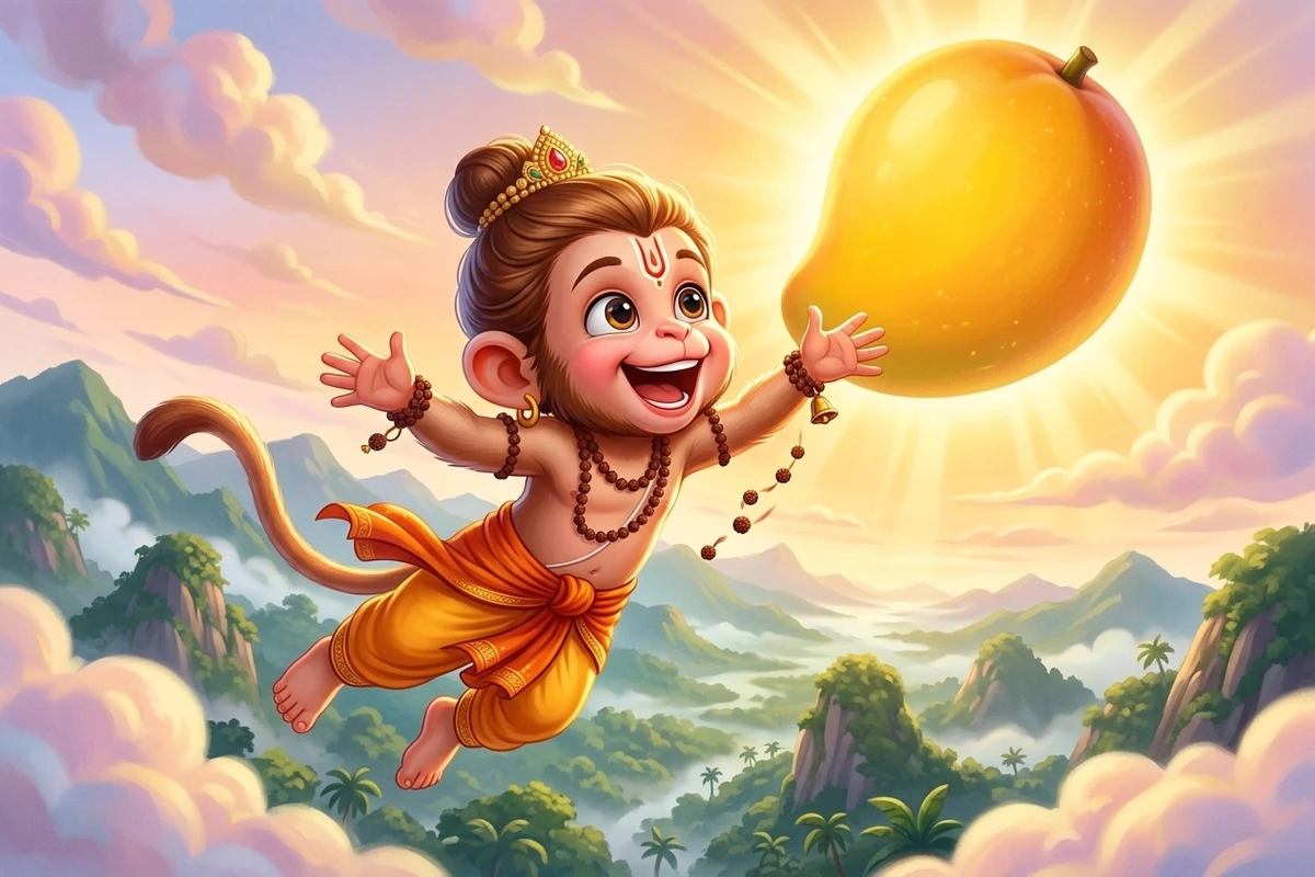 Playful baby Hanuman leaping toward the golden sun in devotional story for kids