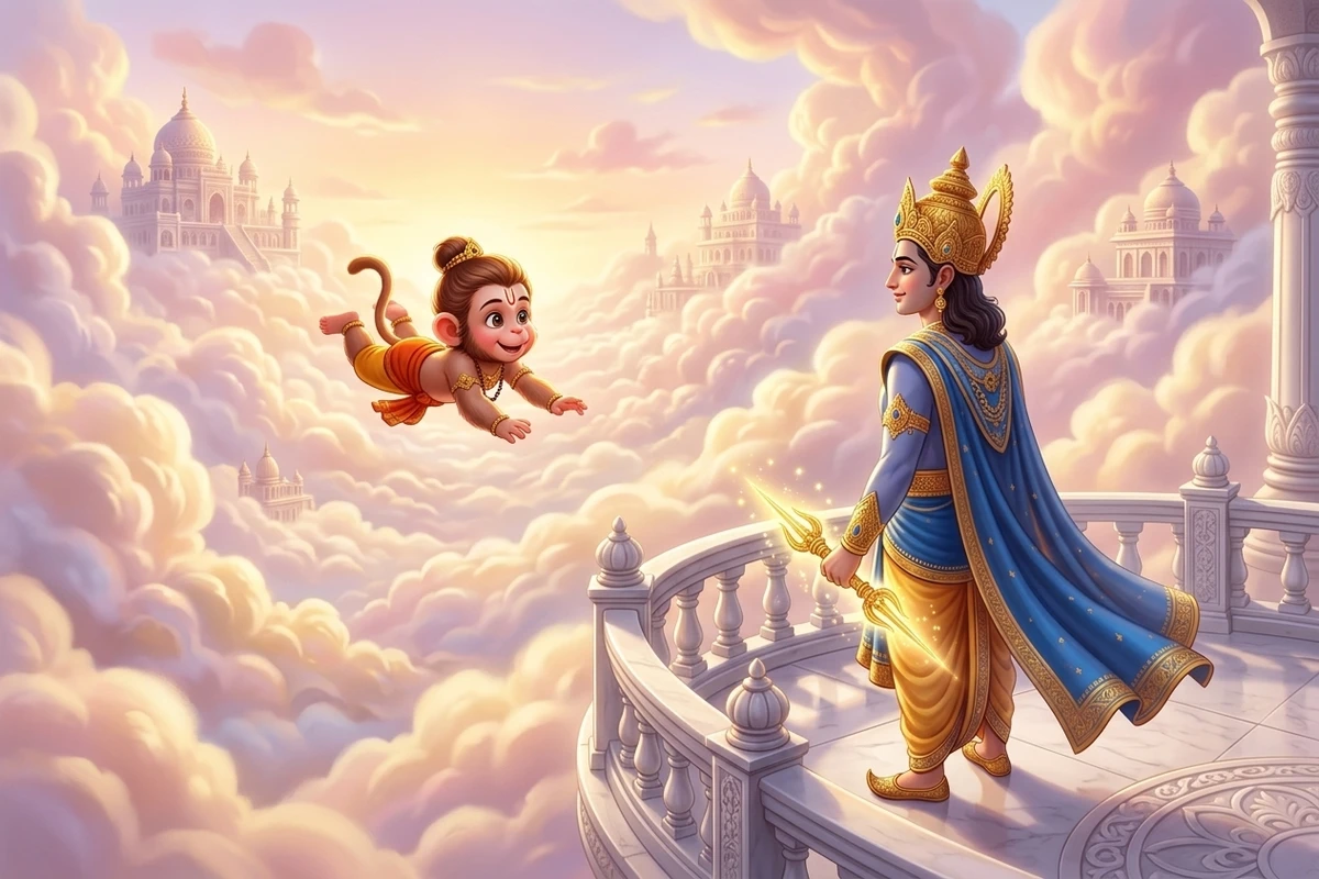 Lord Indra watching over baby Hanuman from the clouds in devotional story for kids