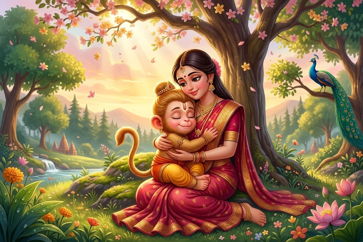 Mother Anjana embracing baby Hanuman under a flowering tree in devotional story for kids