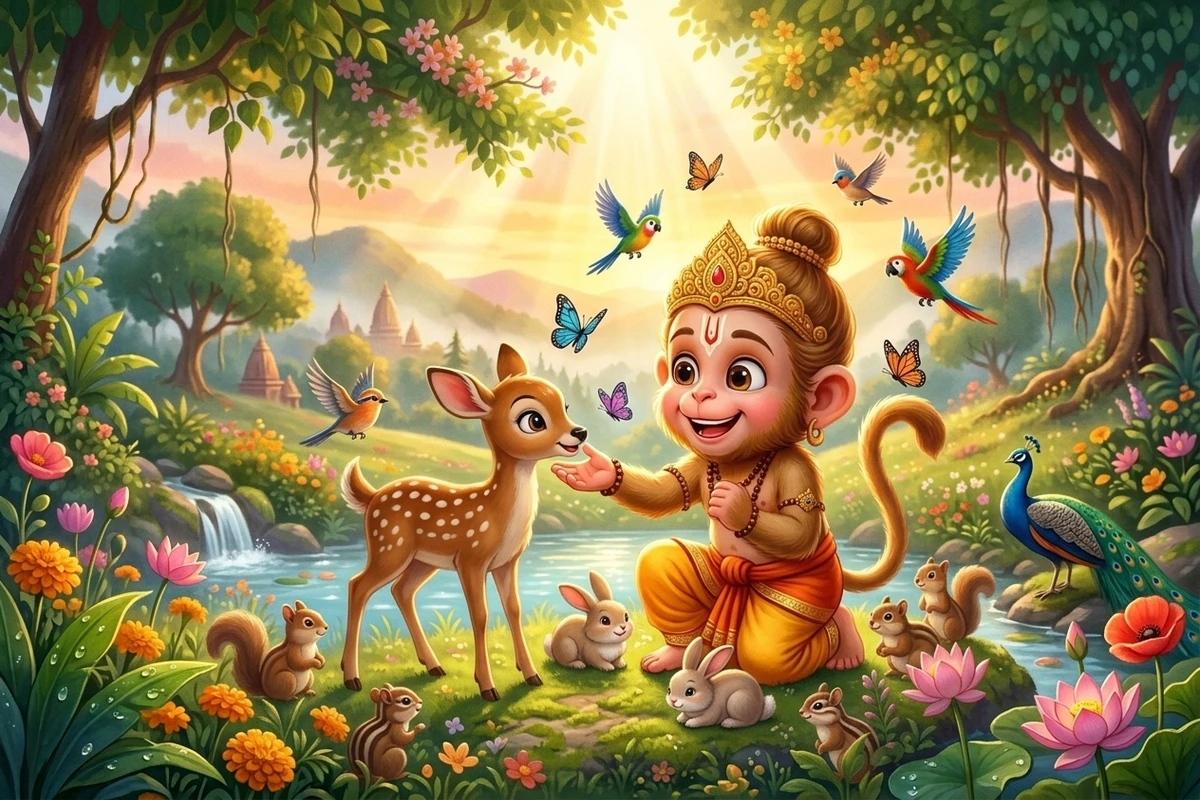 Young Hanuman helping gentle forest animals in devotional story for kids