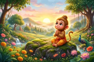 Devotional story for kids featuring adorable baby Hanuman in a sunlit meadow