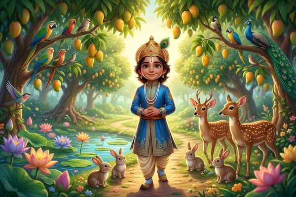 Prince Rama walking in a sunlit mango garden surrounded by gentle deer and colorful birds