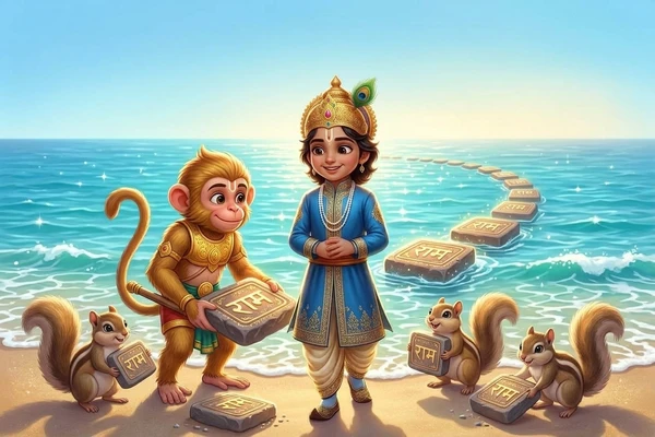 Prince Rama, Hanuman, and cute squirrels placing floating stones to build an ocean bridge