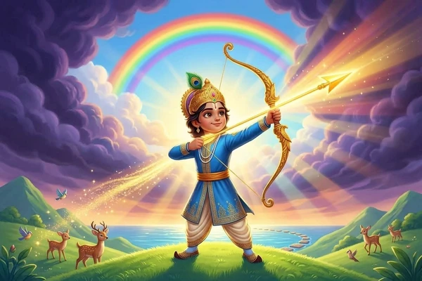 Prince Rama shooting a radiant golden arrow of light in this inspiring dussehra story for kids