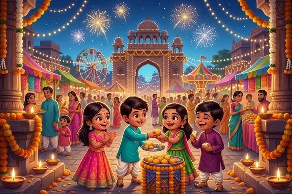 Joyful children in traditional clothes sharing golden sweets during Dasara festival evening celebrations