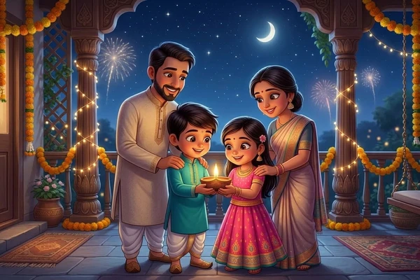 A smiling family holding a glowing clay diya lamp in this gentle dussehra story for kids