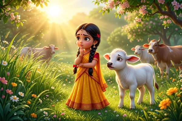 బృందావనంలో ఉదయపు సూర్యుడు, నెమళ్ళు, కమలాలు, మరియు నిశ్చలంగా ఉన్న దూడలను చూస్తున్న చిన్న రాధా. ఈ పిల్లల విద్యా కథలు ప్రారంభం.