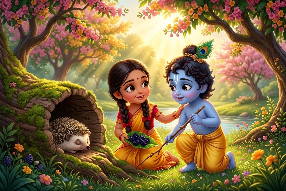 బోలు దుంగలో ఇరుక్కున్న పిల్లనగ్రోవిని, దానిపై పడుకున్న ముళ్ళపందిని చూస్తున్న రాధా కృష్ణులు. కృష్ణుడు తన బొటనవేలుపై గీతను చూపిస్తున్నాడు.