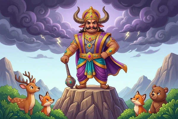 మహిషాసురుడు దున్నపోతు రూపంలో అటవీ జీవులను భయపెడుతున్న దృశ్యం, దేవతలు ప్రార్థిస్తున్నారు