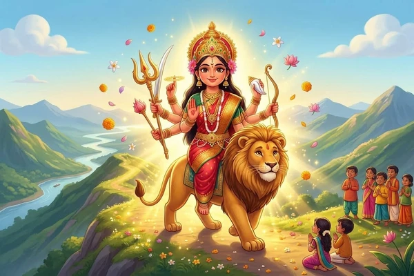 బంగారు సింహంపై కూర్చున్న దుర్గమ్మ, ఆమె చుట్టూ ప్రకాశవంతమైన కాంతి, దేవతలు పూజిస్తున్నారు - తెలుగు పిల్లల కథలు
