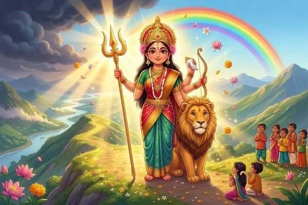దుర్గమ్మ మహిషాసురుడితో యుద్ధం చేస్తున్న దృశ్యం, ఆమె త్రిశూలం పట్టుకుని ఉంది