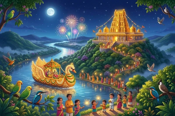దుర్గమ్మ విజయం తర్వాత దేవతలు, జంతువులు ఆనందంగా పూజిస్తున్న దృశ్యం - తెలుగు పిల్లల కథలు
