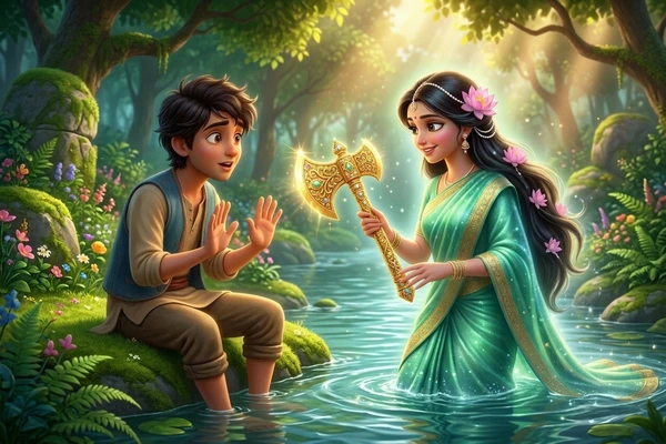 నదిలో నుండి అందమైన నది దేవత బంగారు గొడ్డలిని పట్టుకొని పైకి వస్తున్న దృశ్యం, కిరణ్ ఆశ్చర్యంగా చూస్తున్నాడు. ఈ తెలుగు నీతి కథలు నిజాయితీని బోధిస్తాయి.