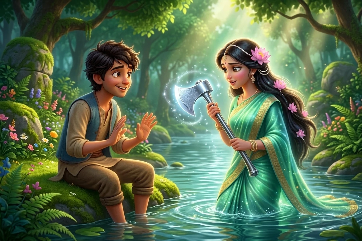 నది దేవత మెరిసే వెండి గొడ్డలిని పట్టుకొని కిరణ్ కు అందిస్తున్న దృశ్యం, కిరణ్ దానిని తిరస్కరిస్తున్నాడు.