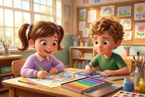 Clara opening new glitter colored pencils - sharing story for kids