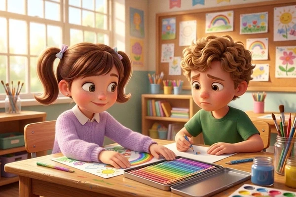 Clara noticing classmate needing pencils - sharing story for kids