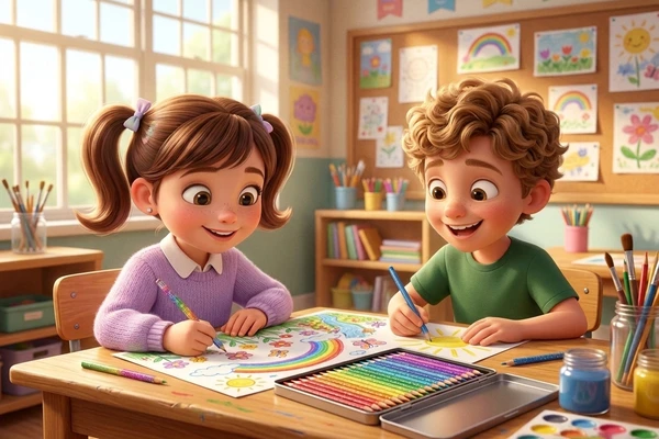 Clara and Leo sharing colored pencils - sharing story for kids