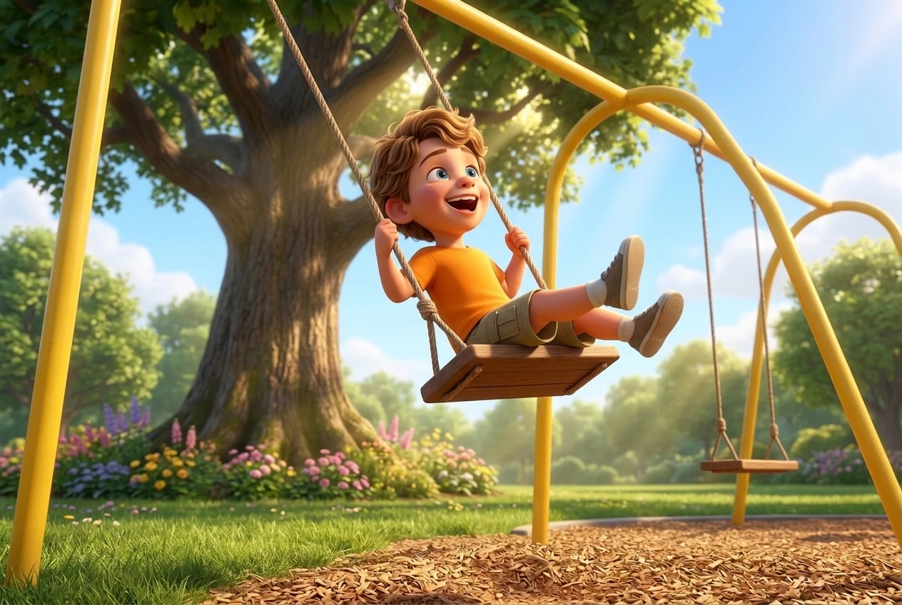 Ethan soaring on park swing - sharing story for kids
