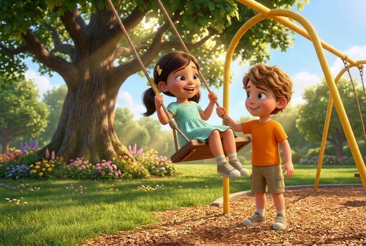 Ethan helping Lily on swing - sharing story for kids