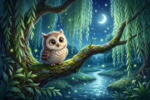 Adorable little fluffy baby owlet sitting on a mossy branch under whispering willow tree at night