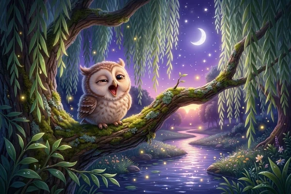 Sleepy baby owlet yawning cutely on a mossy willow branch at twilight dusk