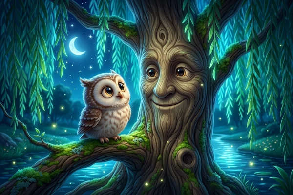 Curious baby owlet perching near the gentle smiling face of the ancient whispering willow tree