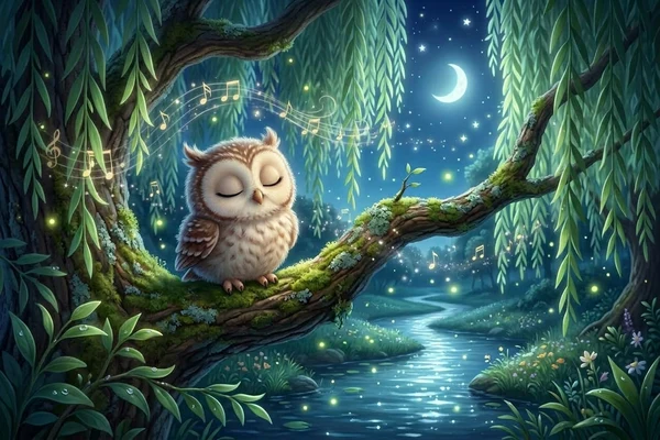 Sweet baby owlet closing eyes and listening peacefully to whispering night breeze and musical forest lullaby