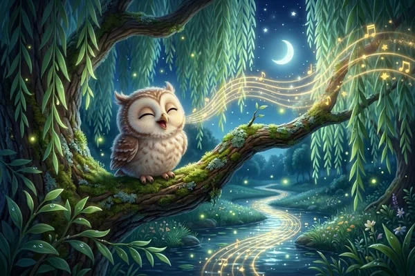 Little baby owlet singing a soothing bedtime lullaby with glowing musical notes under the moonlight