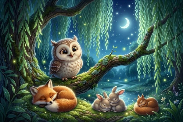 Sleepy woodland fox bunnies and squirrel resting peacefully as baby owlet watches over them at night